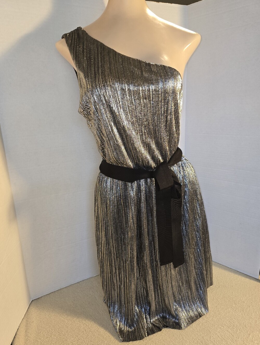 Express One-Shoulder Metallic Silver Evening Dress with Black Waist Tie size S
